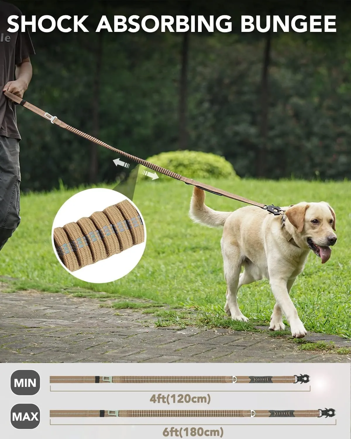 Joytale Tactical Dog Leash Heavy Duty, 4-6FT Shock Absorbing Bungee Lead with 2 Padded Handle, Metal Carabiner Clip, Car Seatbelt, Strong No Pull Leash for Medium Large X-Large Dogs, Coyote Brown