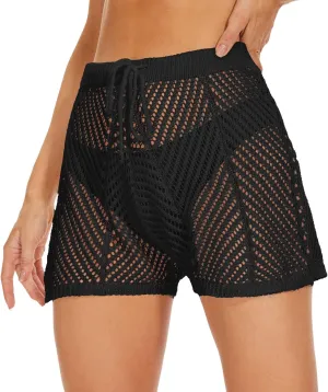 Jumppmile Womens Crochet Cover Up Shorts Hollow Out High Waist Knit Bathing Suit Bikini Swimsuit