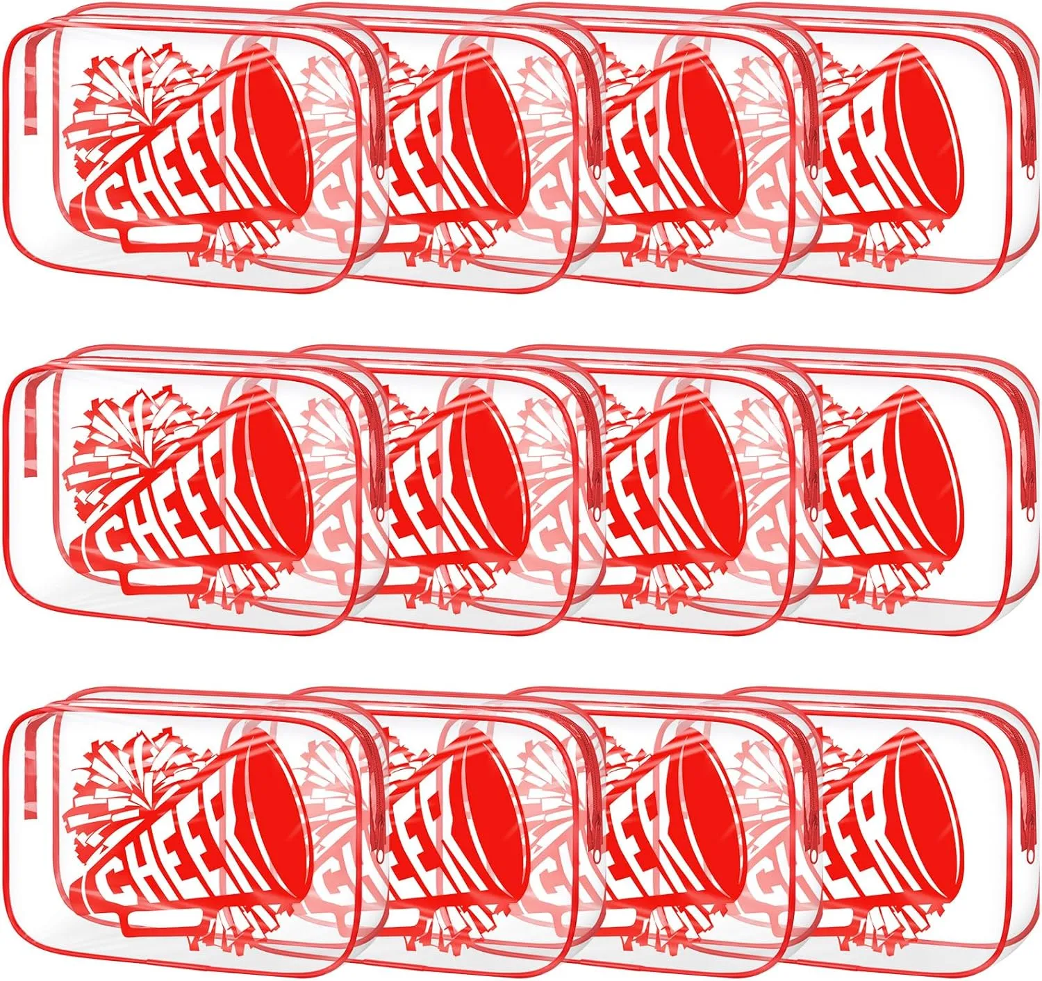 Kacctyen 12 Pcs Cheer Makeup Bag Cheer Gifts Bulk for Team 7 x 4.7 x 2.4'' Cosmetic Bag Cheerleader PVC Makeup Case Clear Toiletry Zipper Pouch for Cheerleading Teammates Party Supplies(Red)