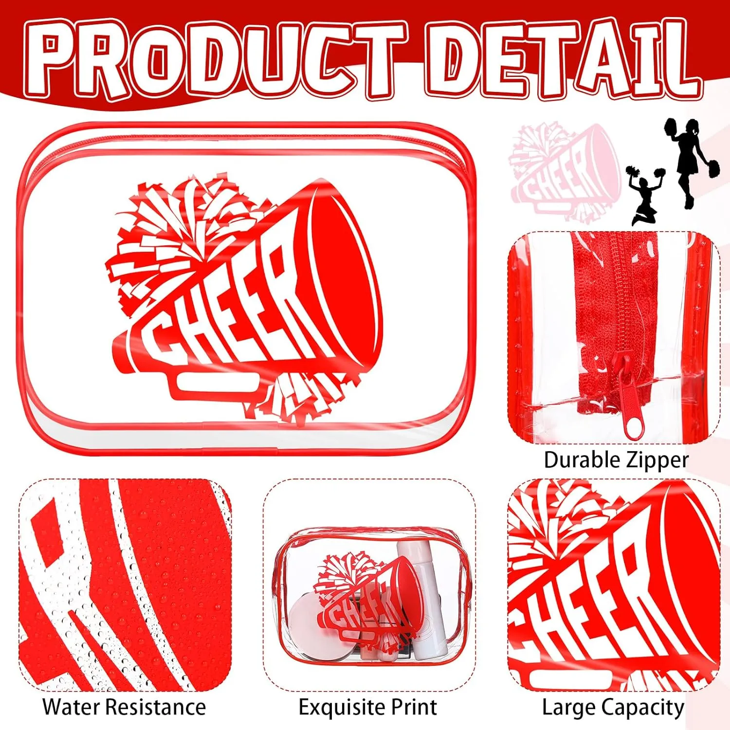 Kacctyen 12 Pcs Cheer Makeup Bag Cheer Gifts Bulk for Team 7 x 4.7 x 2.4'' Cosmetic Bag Cheerleader PVC Makeup Case Clear Toiletry Zipper Pouch for Cheerleading Teammates Party Supplies(Red)