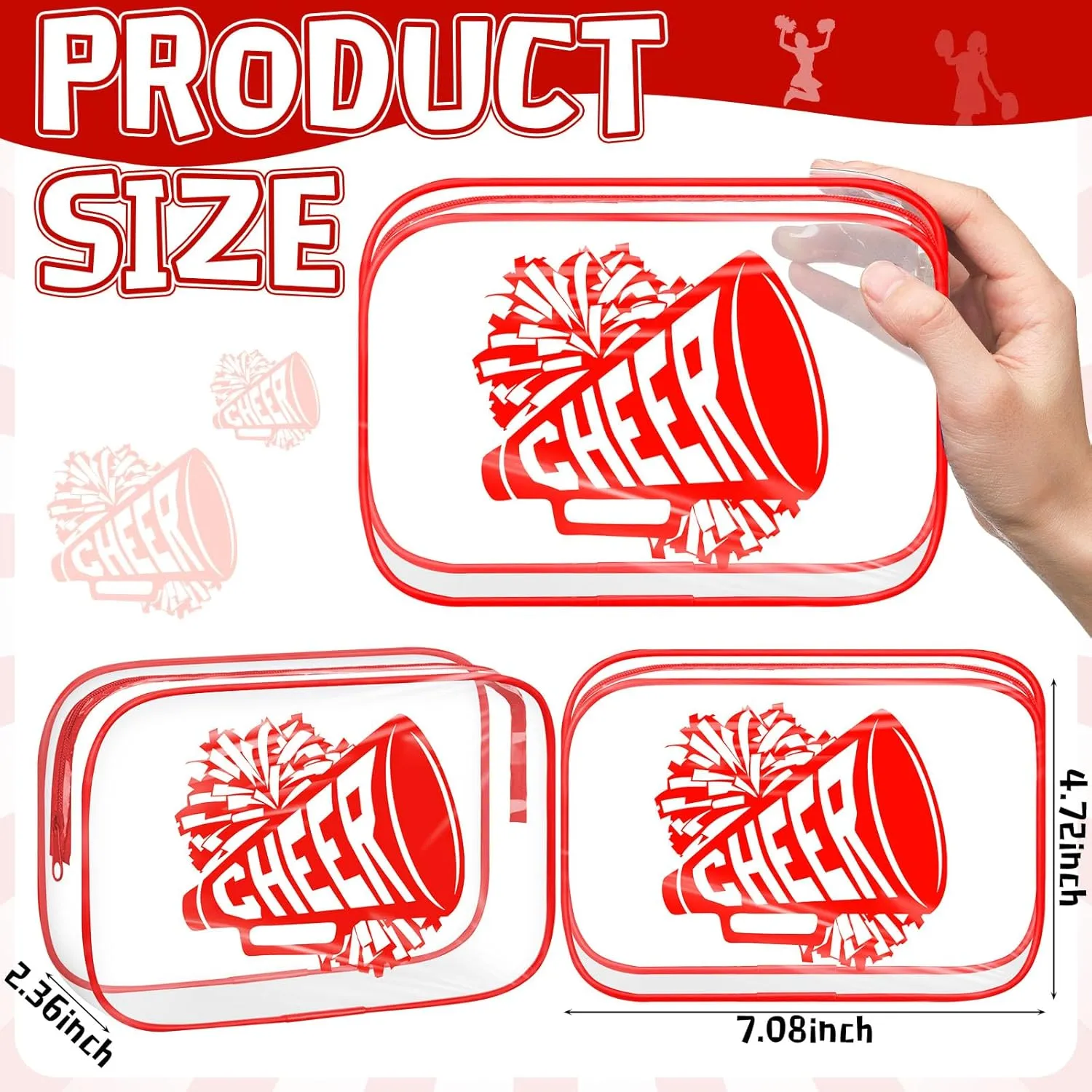 Kacctyen 12 Pcs Cheer Makeup Bag Cheer Gifts Bulk for Team 7 x 4.7 x 2.4'' Cosmetic Bag Cheerleader PVC Makeup Case Clear Toiletry Zipper Pouch for Cheerleading Teammates Party Supplies(Red)