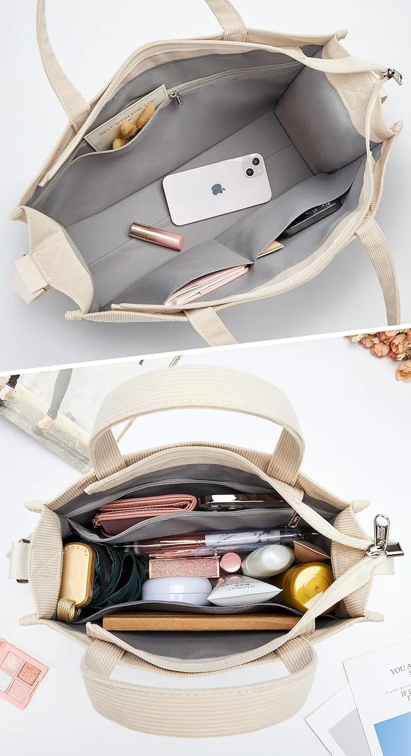 KALIDI Tote Bag for Women Corduroy Crossbody Bag Casual Zipper Tote Fashion Shoulder Handbag Hobo bag with Pockets