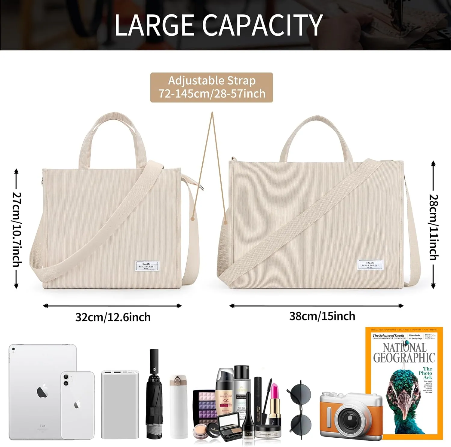 KALIDI Tote Bag for Women Corduroy Crossbody Bag Casual Zipper Tote Fashion Shoulder Handbag Hobo bag with Pockets