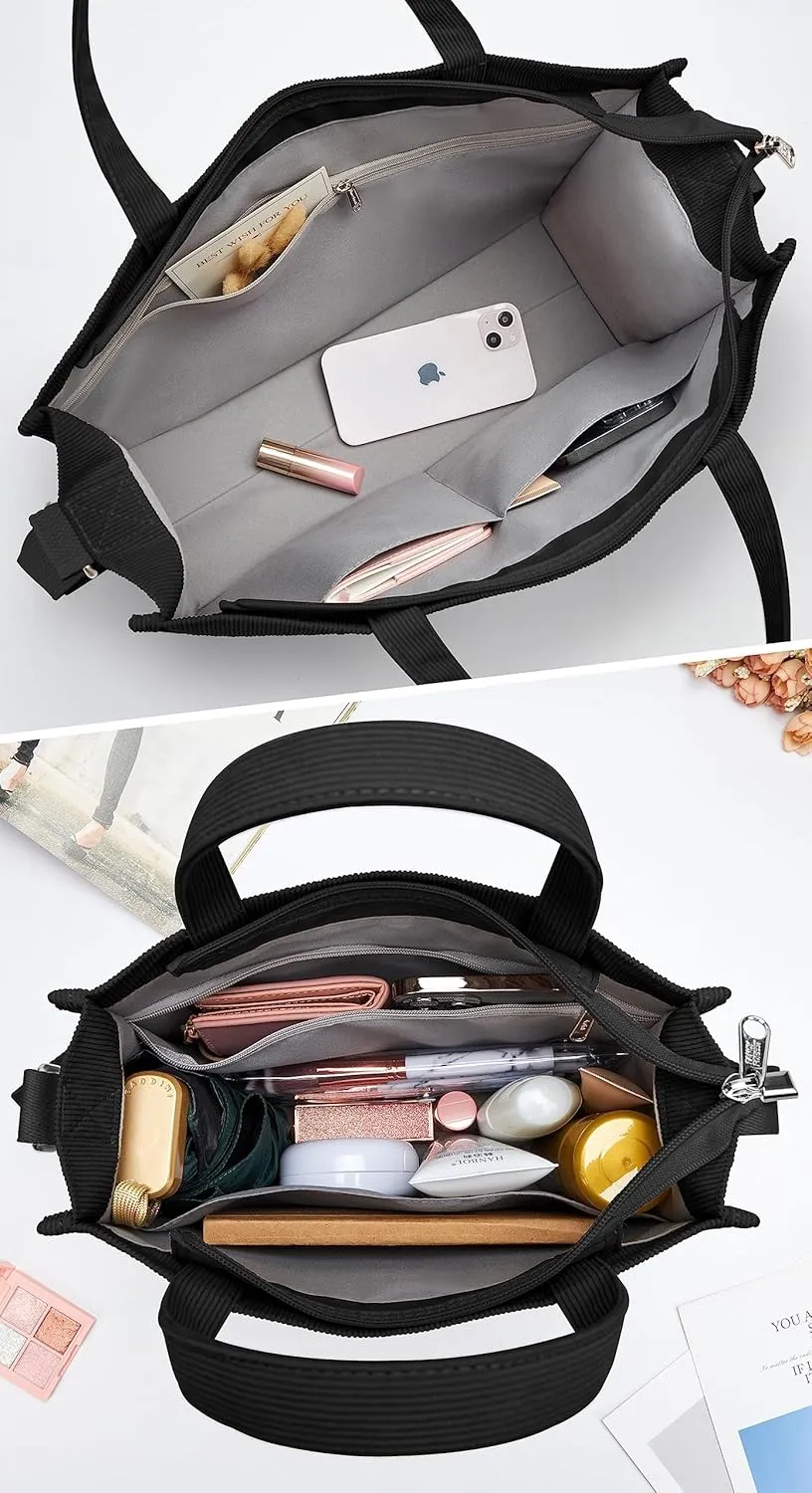 KALIDI Tote Bag for Women Corduroy Crossbody Bag Casual Zipper Tote Fashion Shoulder Handbag Hobo bag with Pockets