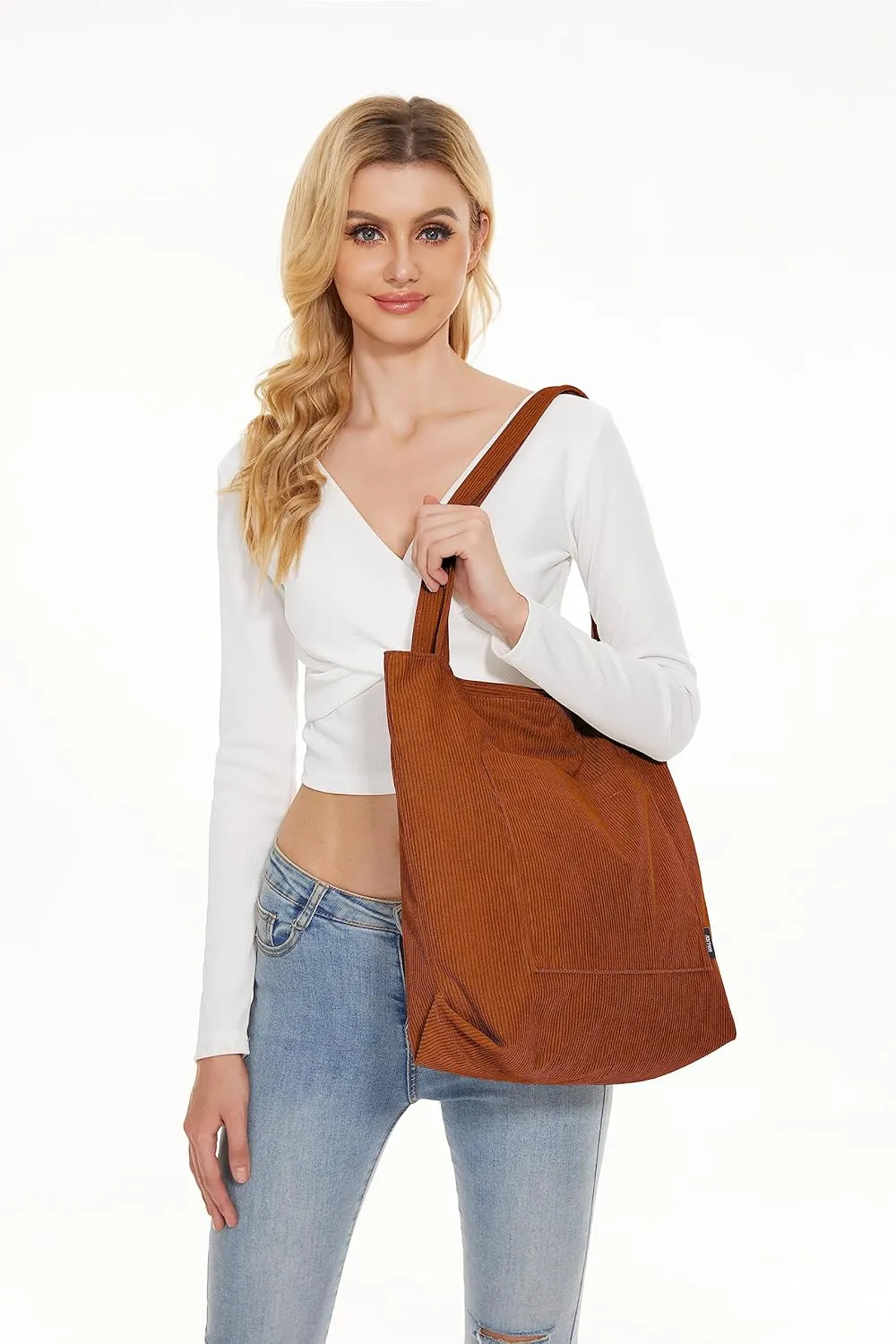 KALIDI Women Corduroy Tote Bag Large Shoulder Tote Bag with Zipper Pocket Casual Hobo Handbag Big Capacity Shopping Work Bag
