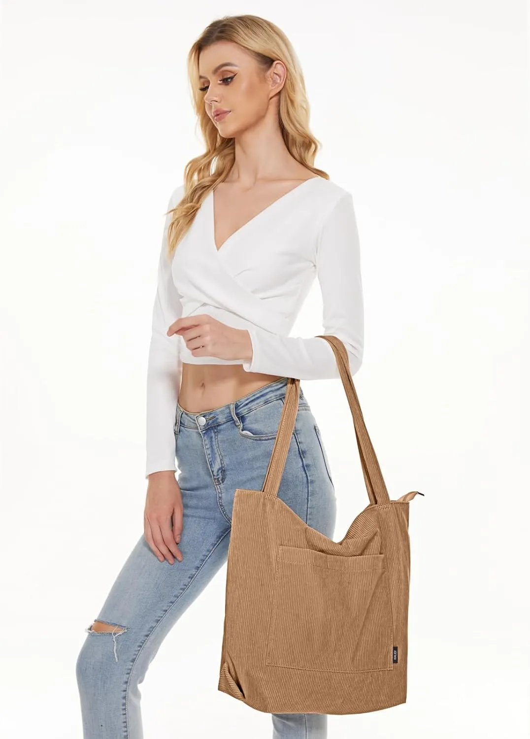KALIDI Women Corduroy Tote Bag Large Shoulder Tote Bag with Zipper Pocket Casual Hobo Handbag Big Capacity Shopping Work Bag