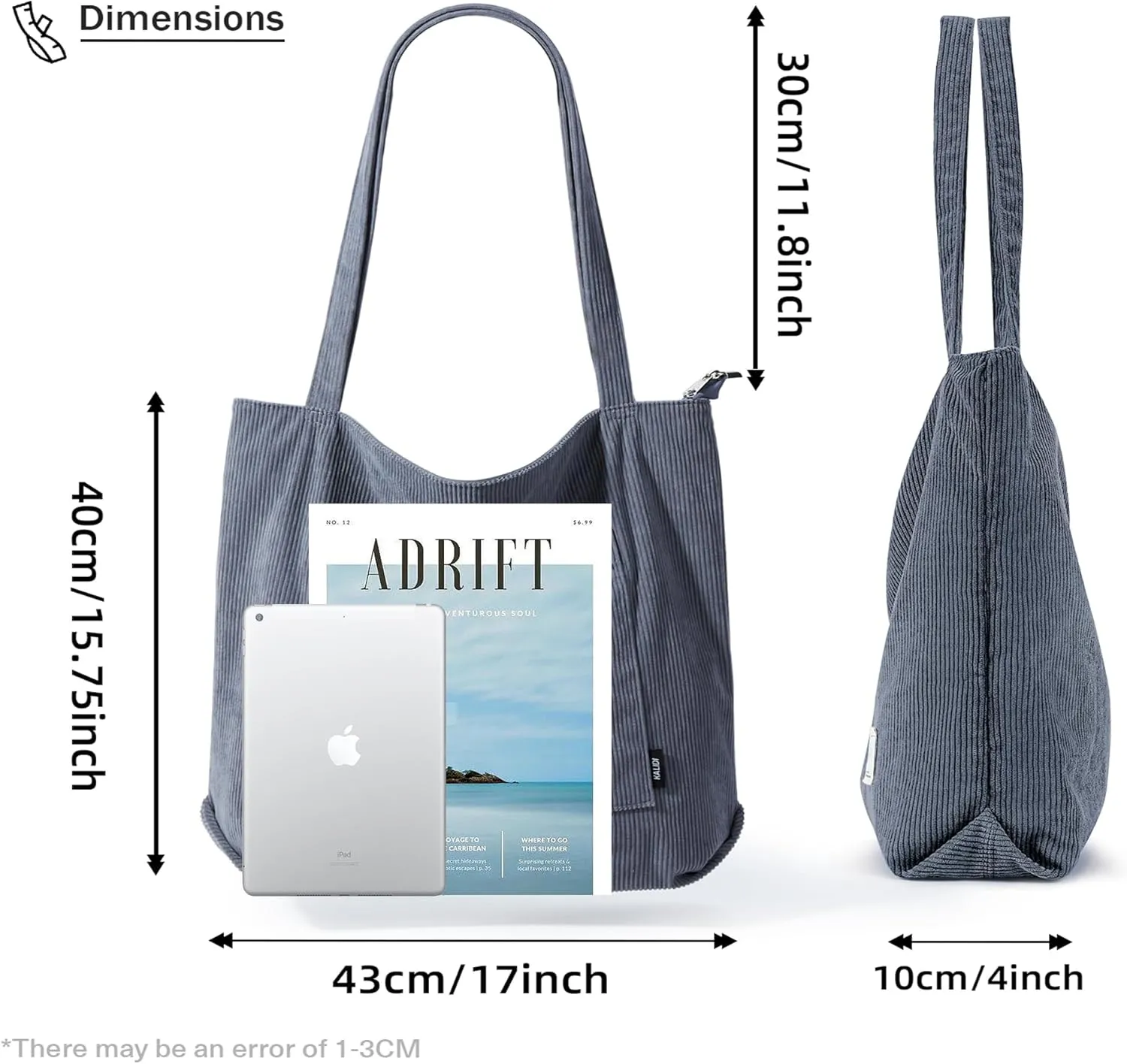 KALIDI Women Corduroy Tote Bag Large Shoulder Tote Bag with Zipper Pocket Casual Hobo Handbag Big Capacity Shopping Work Bag