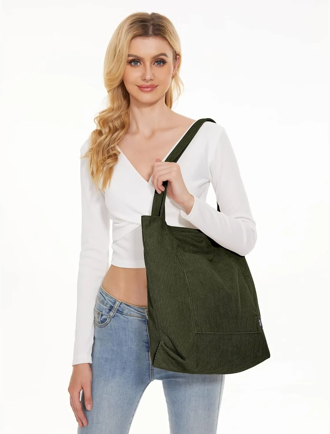KALIDI Women Corduroy Tote Bag Large Shoulder Tote Bag with Zipper Pocket Casual Hobo Handbag Big Capacity Shopping Work Bag