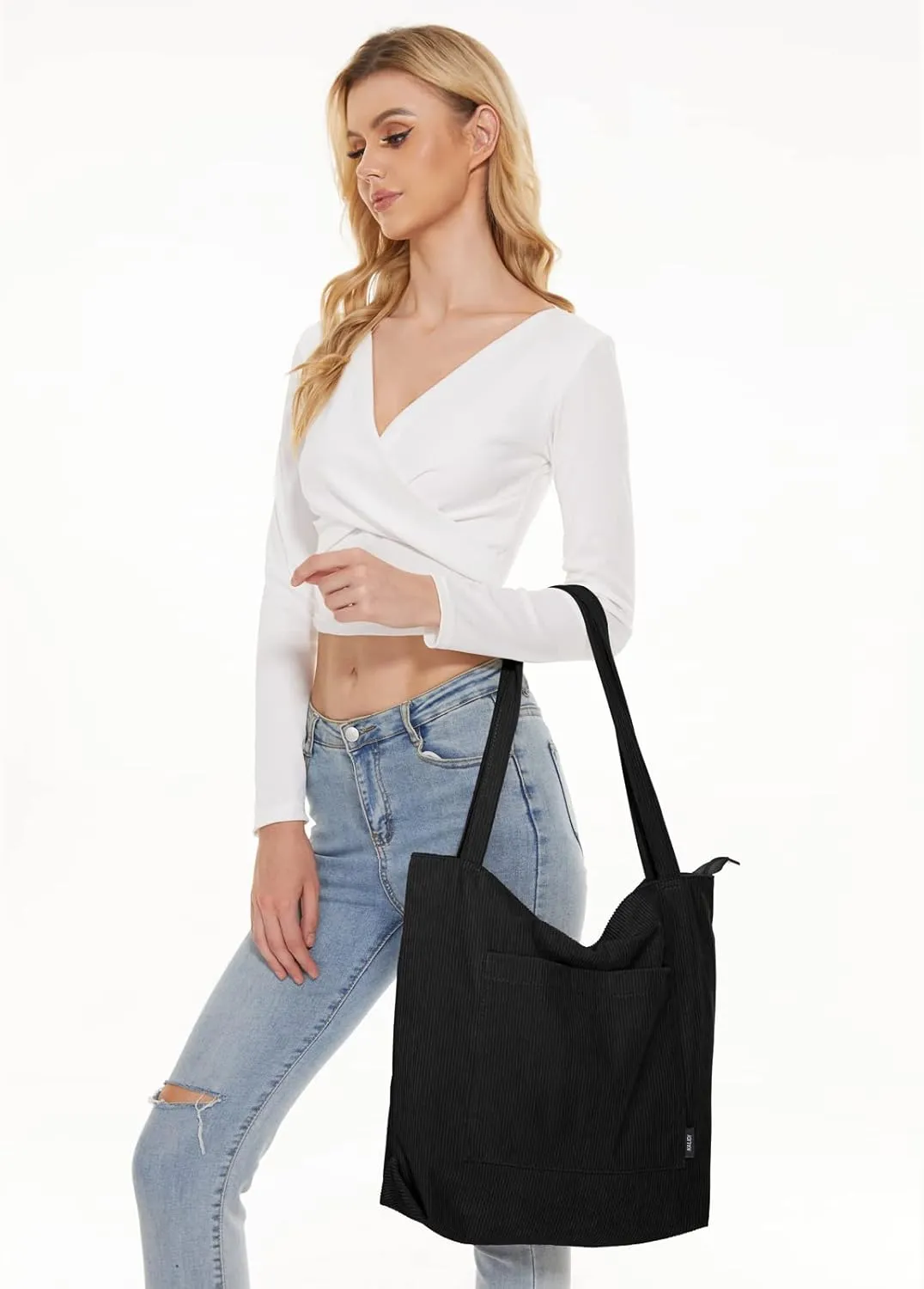 KALIDI Women Corduroy Tote Bag Large Shoulder Tote Bag with Zipper Pocket Casual Hobo Handbag Big Capacity Shopping Work Bag