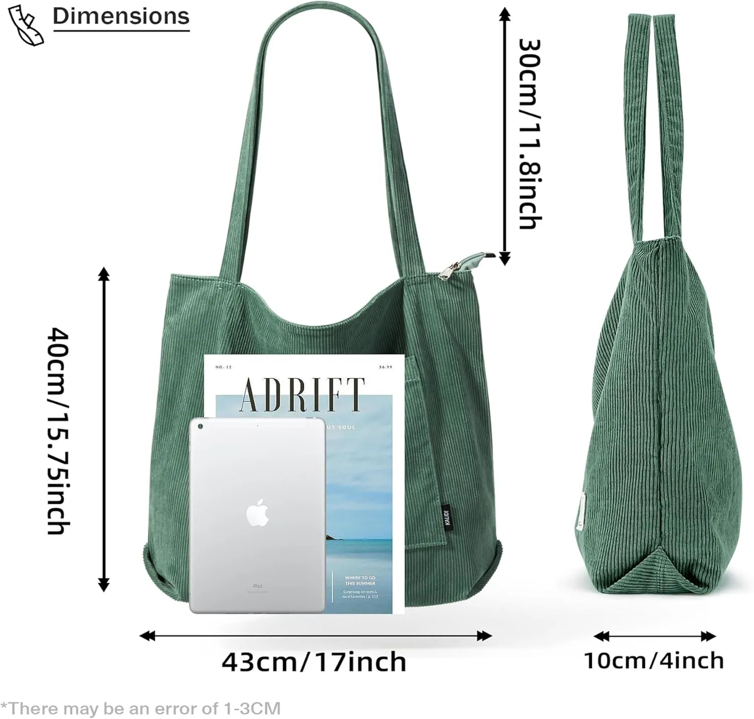 KALIDI Women Corduroy Tote Bag Large Shoulder Tote Bag with Zipper Pocket Casual Hobo Handbag Big Capacity Shopping Work Bag