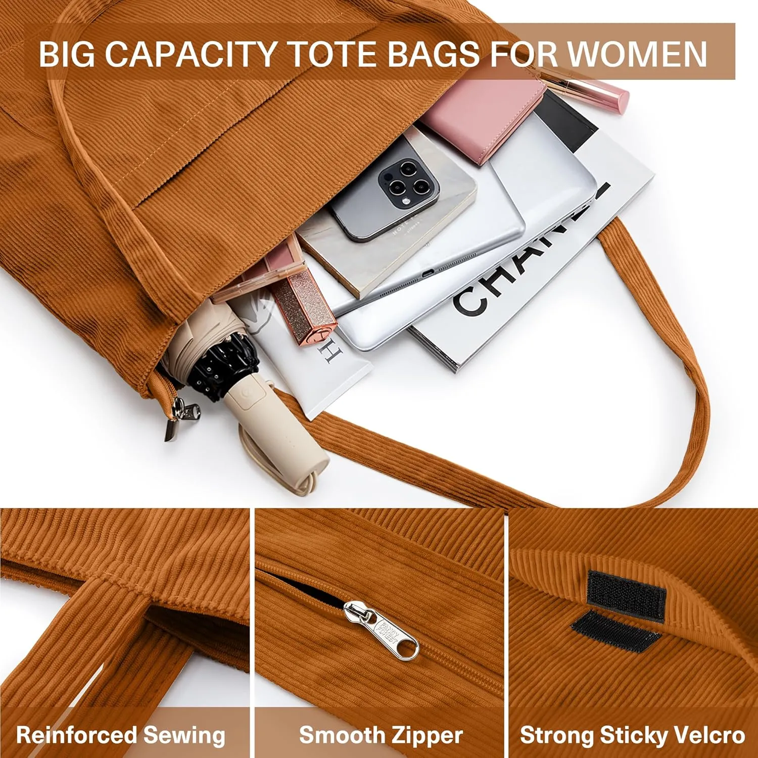 KALIDI Women Corduroy Tote Bag Large Shoulder Tote Bag with Zipper Pocket Casual Hobo Handbag Big Capacity Shopping Work Bag