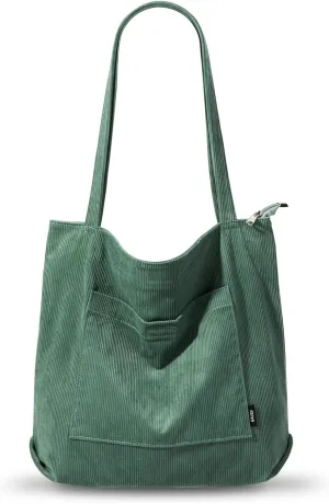KALIDI Women Corduroy Tote Bag Large Shoulder Tote Bag with Zipper Pocket Casual Hobo Handbag Big Capacity Shopping Work Bag