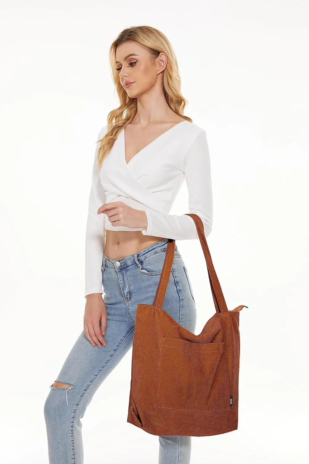KALIDI Women Corduroy Tote Bag Large Shoulder Tote Bag with Zipper Pocket Casual Hobo Handbag Big Capacity Shopping Work Bag