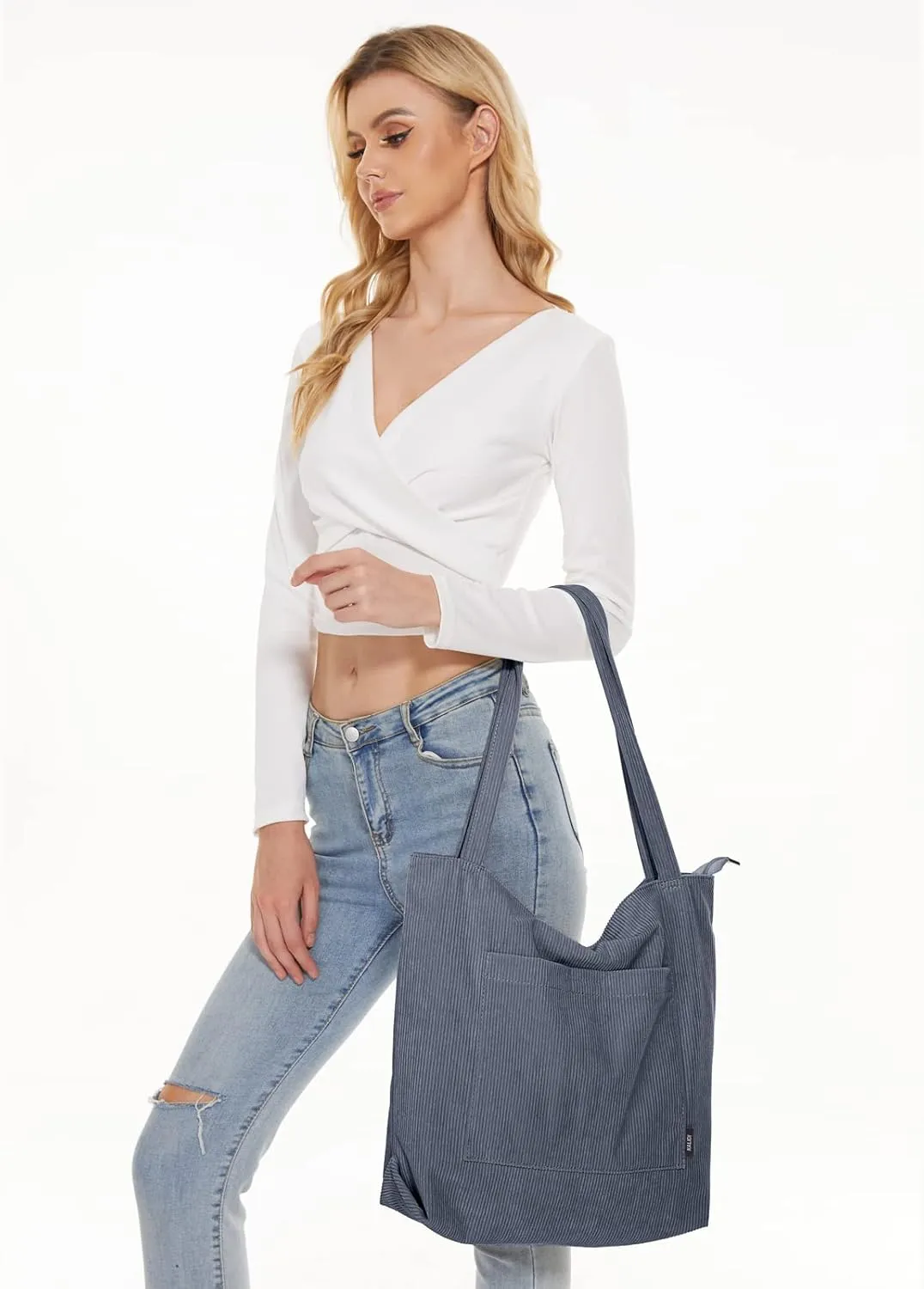 KALIDI Women Corduroy Tote Bag Large Shoulder Tote Bag with Zipper Pocket Casual Hobo Handbag Big Capacity Shopping Work Bag