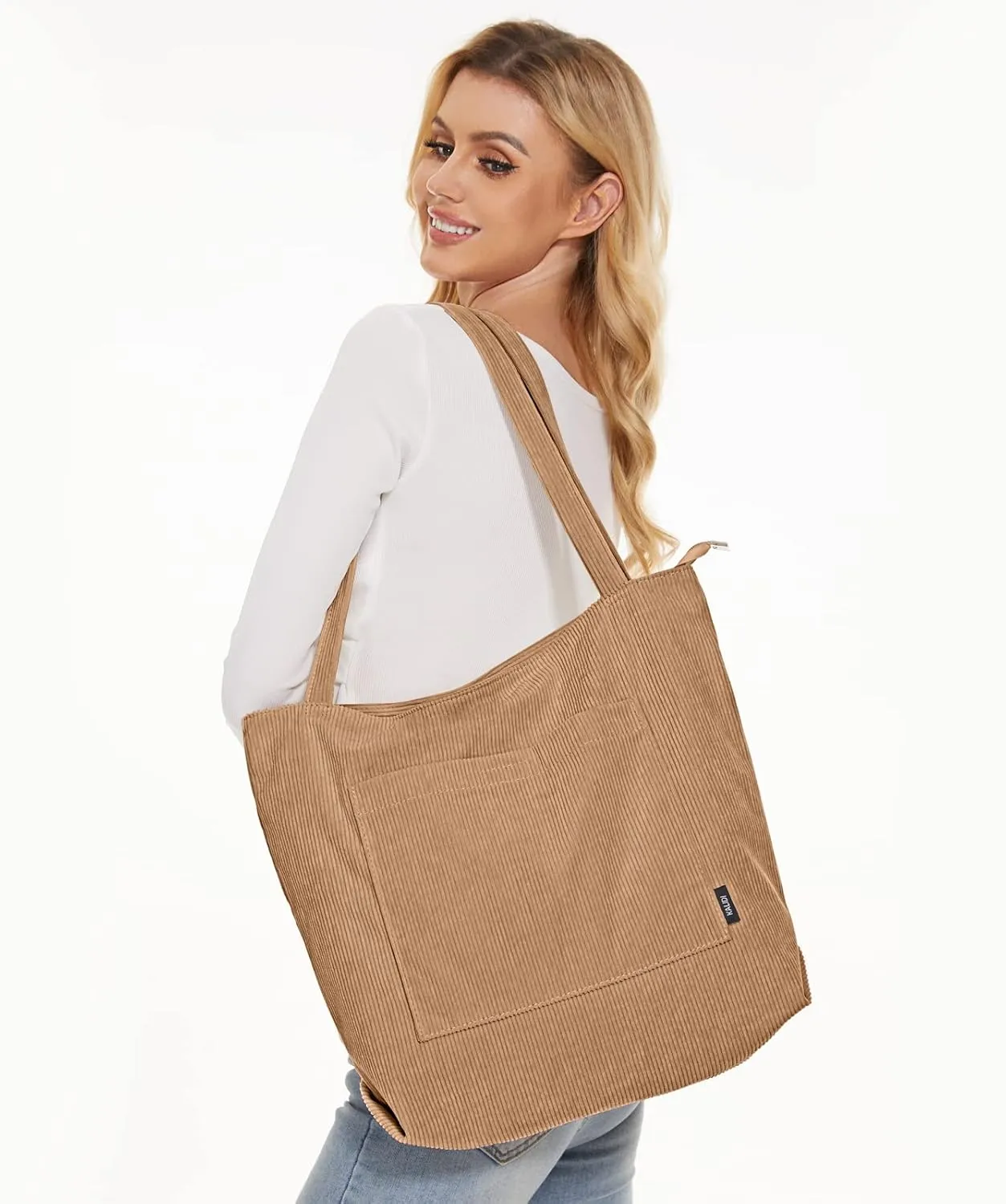 KALIDI Women Corduroy Tote Bag Large Shoulder Tote Bag with Zipper Pocket Casual Hobo Handbag Big Capacity Shopping Work Bag