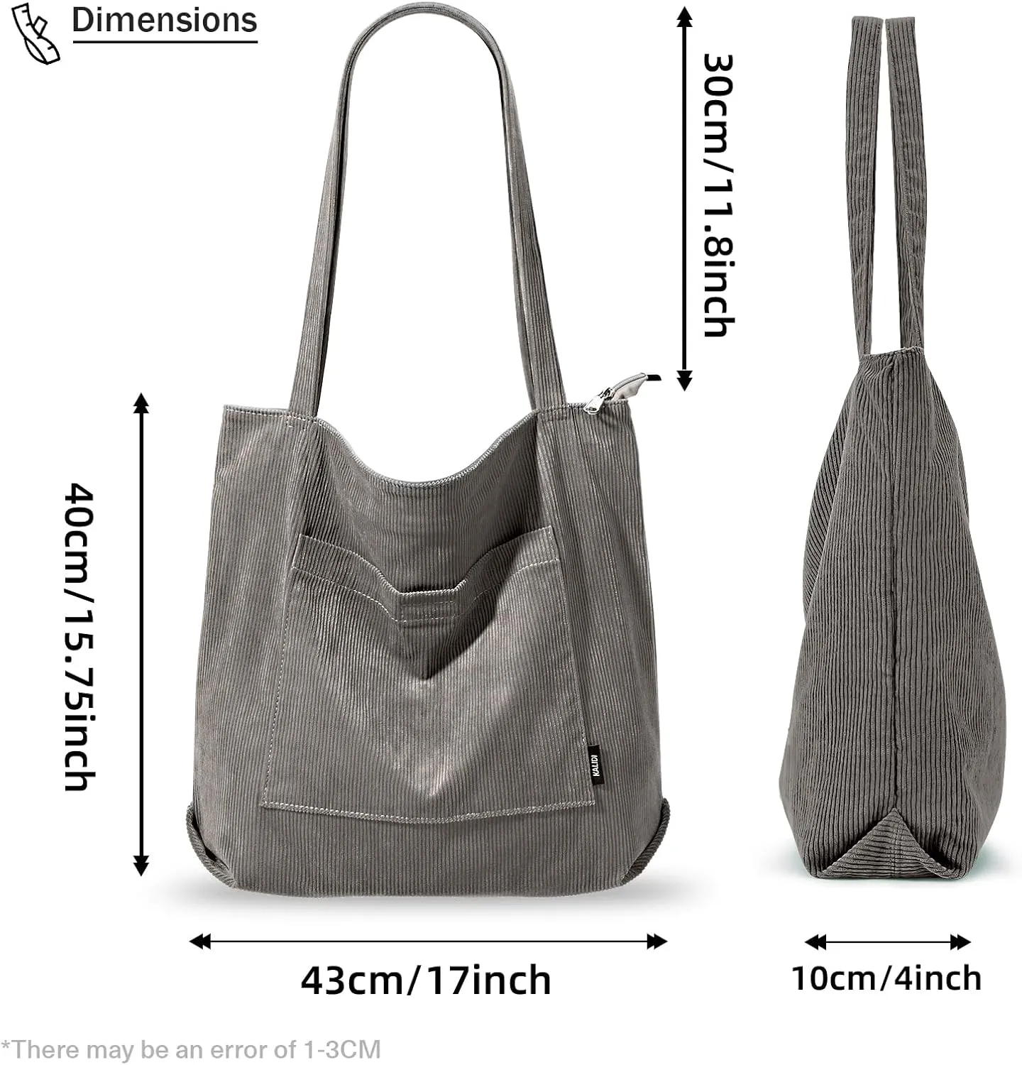 KALIDI Women Corduroy Tote Bag Large Shoulder Tote Bag with Zipper Pocket Casual Hobo Handbag Big Capacity Shopping Work Bag