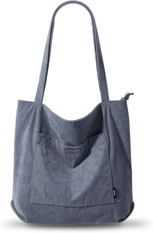 KALIDI Women Corduroy Tote Bag Large Shoulder Tote Bag with Zipper Pocket Casual Hobo Handbag Big Capacity Shopping Work Bag