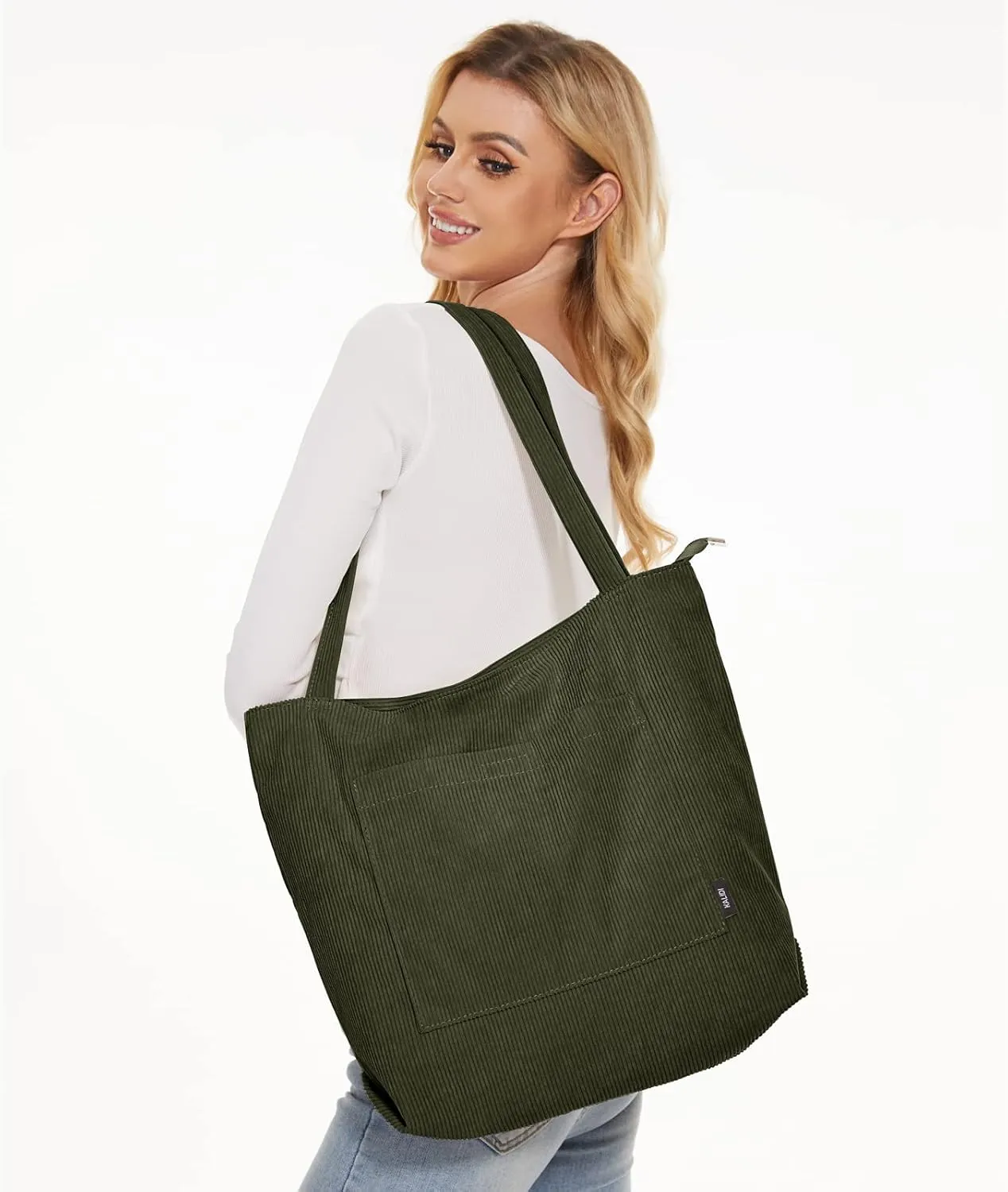 KALIDI Women Corduroy Tote Bag Large Shoulder Tote Bag with Zipper Pocket Casual Hobo Handbag Big Capacity Shopping Work Bag