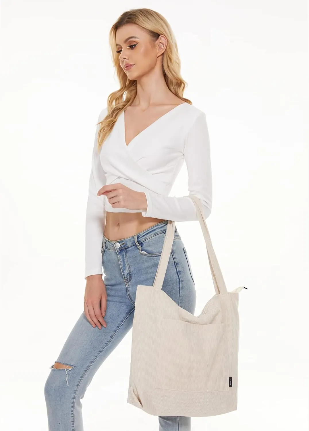 KALIDI Women Corduroy Tote Bag Large Shoulder Tote Bag with Zipper Pocket Casual Hobo Handbag Big Capacity Shopping Work Bag