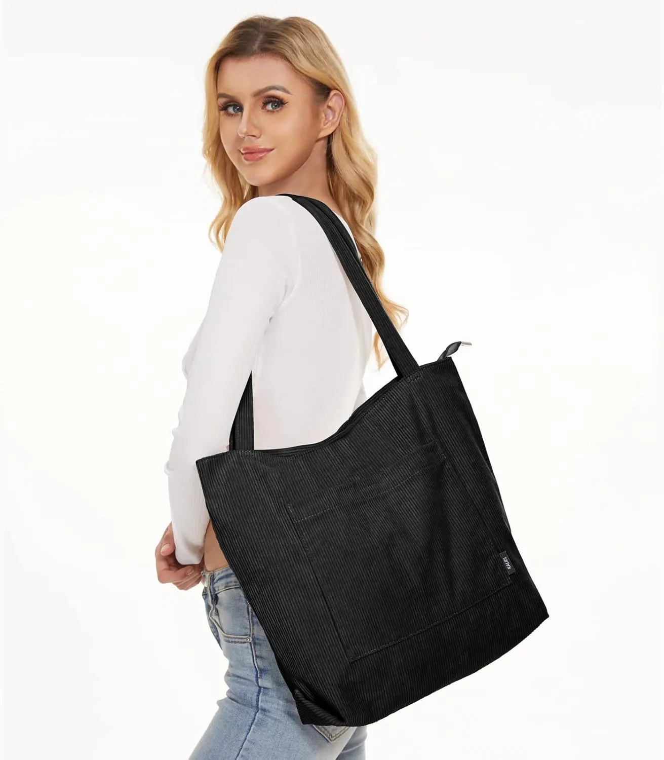KALIDI Women Corduroy Tote Bag Large Shoulder Tote Bag with Zipper Pocket Casual Hobo Handbag Big Capacity Shopping Work Bag