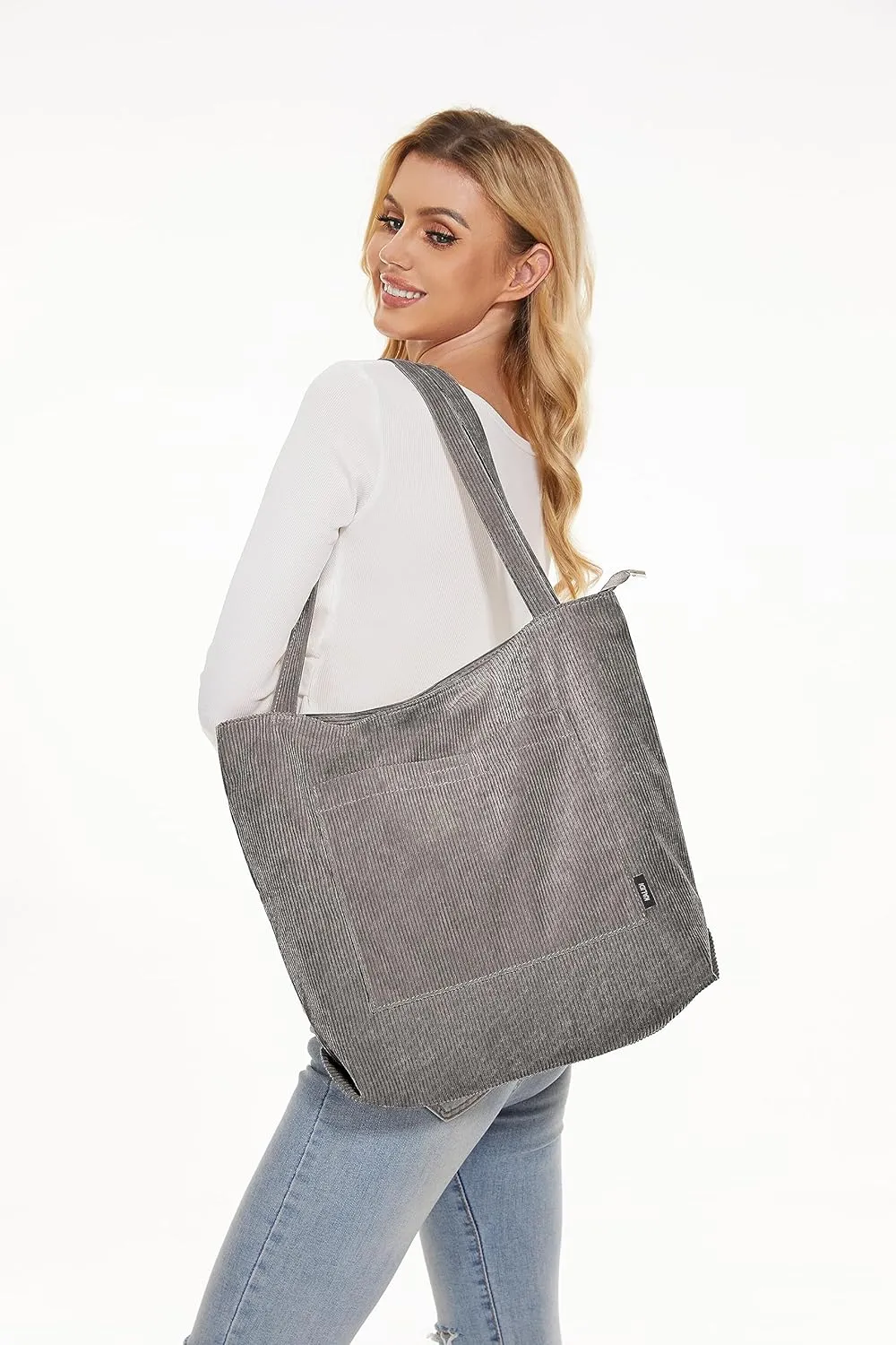 KALIDI Women Corduroy Tote Bag Large Shoulder Tote Bag with Zipper Pocket Casual Hobo Handbag Big Capacity Shopping Work Bag