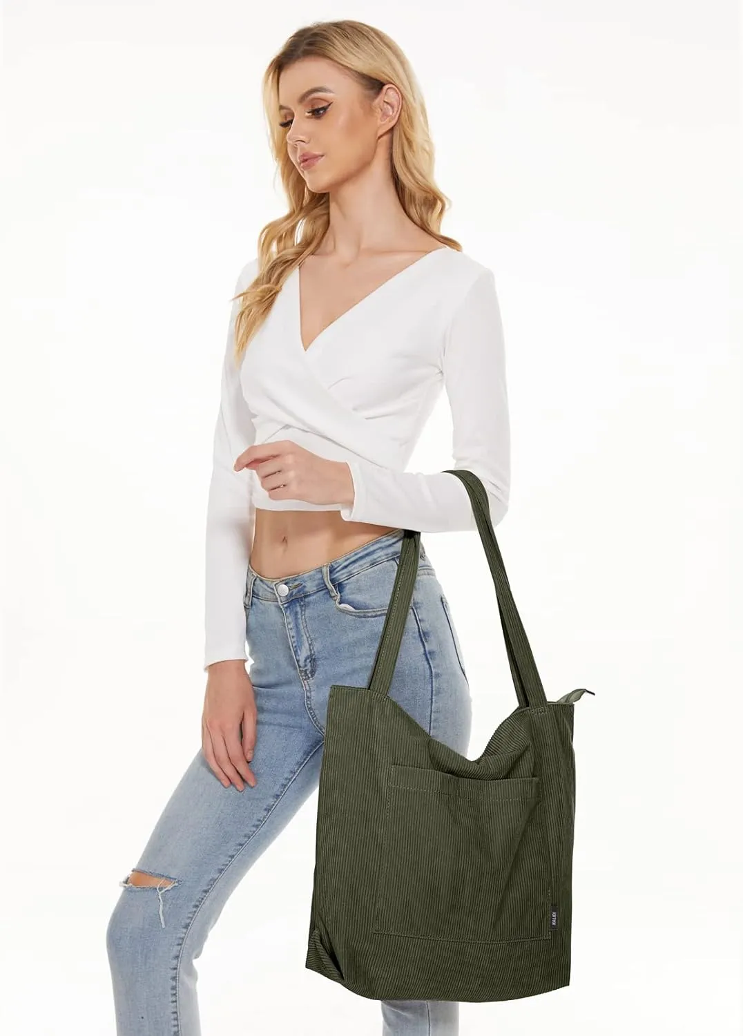 KALIDI Women Corduroy Tote Bag Large Shoulder Tote Bag with Zipper Pocket Casual Hobo Handbag Big Capacity Shopping Work Bag