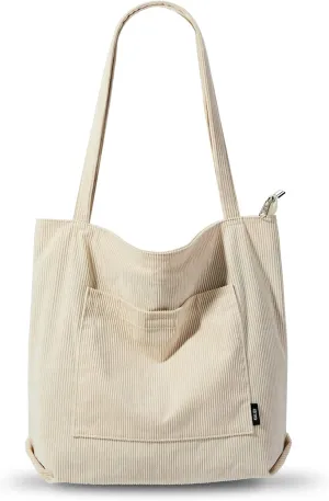KALIDI Women Corduroy Tote Bag Large Shoulder Tote Bag with Zipper Pocket Casual Hobo Handbag Big Capacity Shopping Work Bag