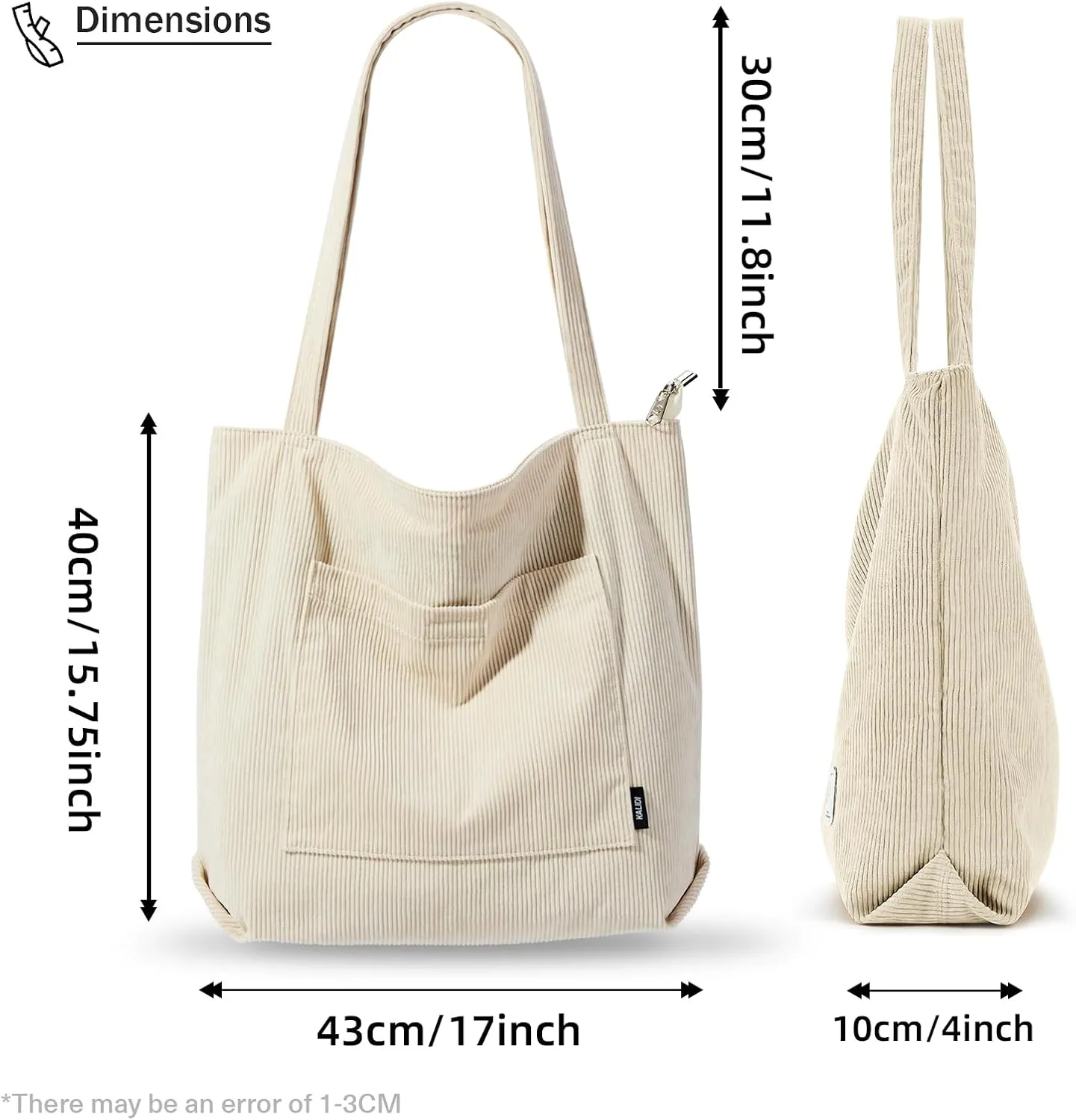 KALIDI Women Corduroy Tote Bag Large Shoulder Tote Bag with Zipper Pocket Casual Hobo Handbag Big Capacity Shopping Work Bag