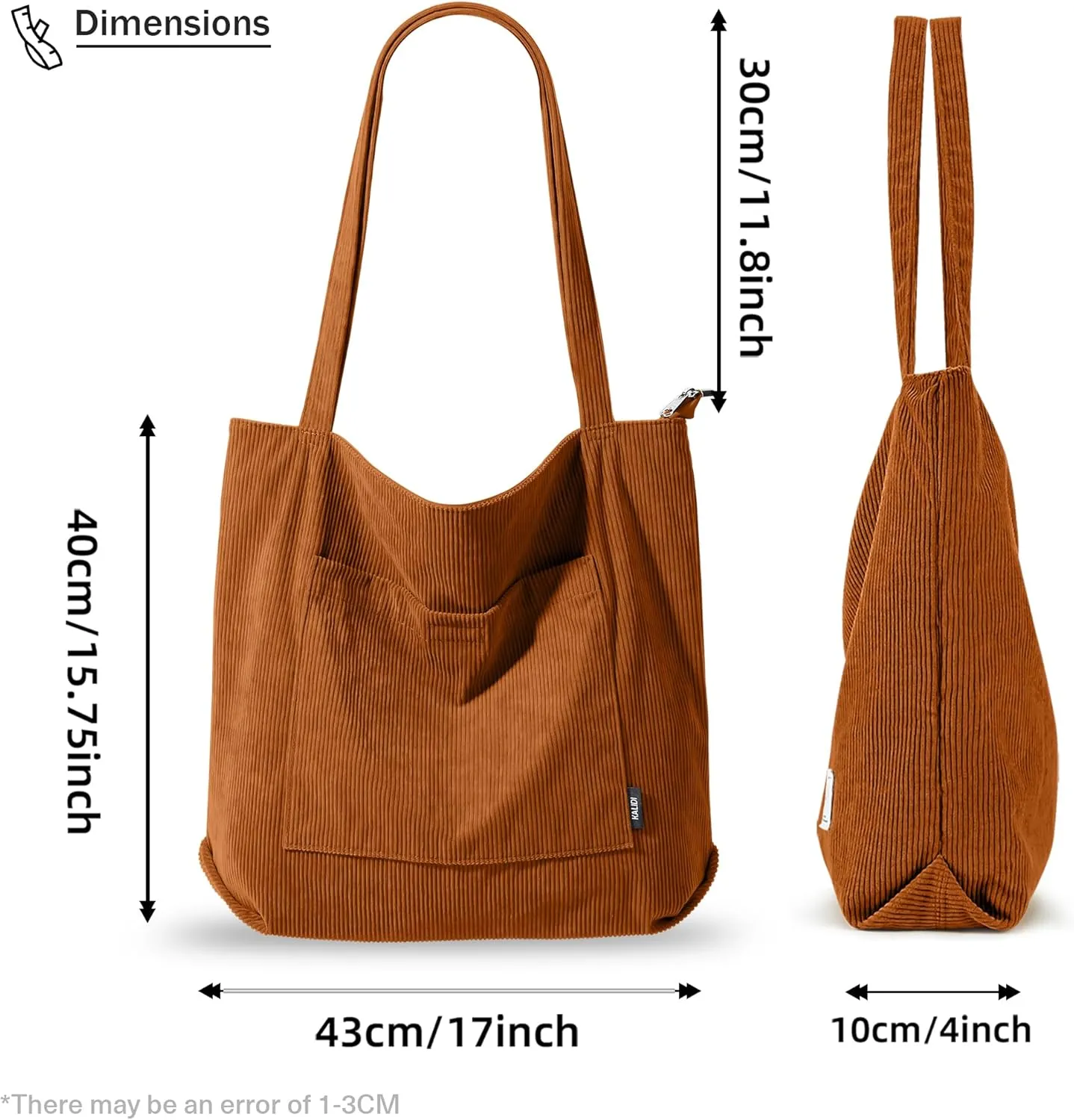 KALIDI Women Corduroy Tote Bag Large Shoulder Tote Bag with Zipper Pocket Casual Hobo Handbag Big Capacity Shopping Work Bag