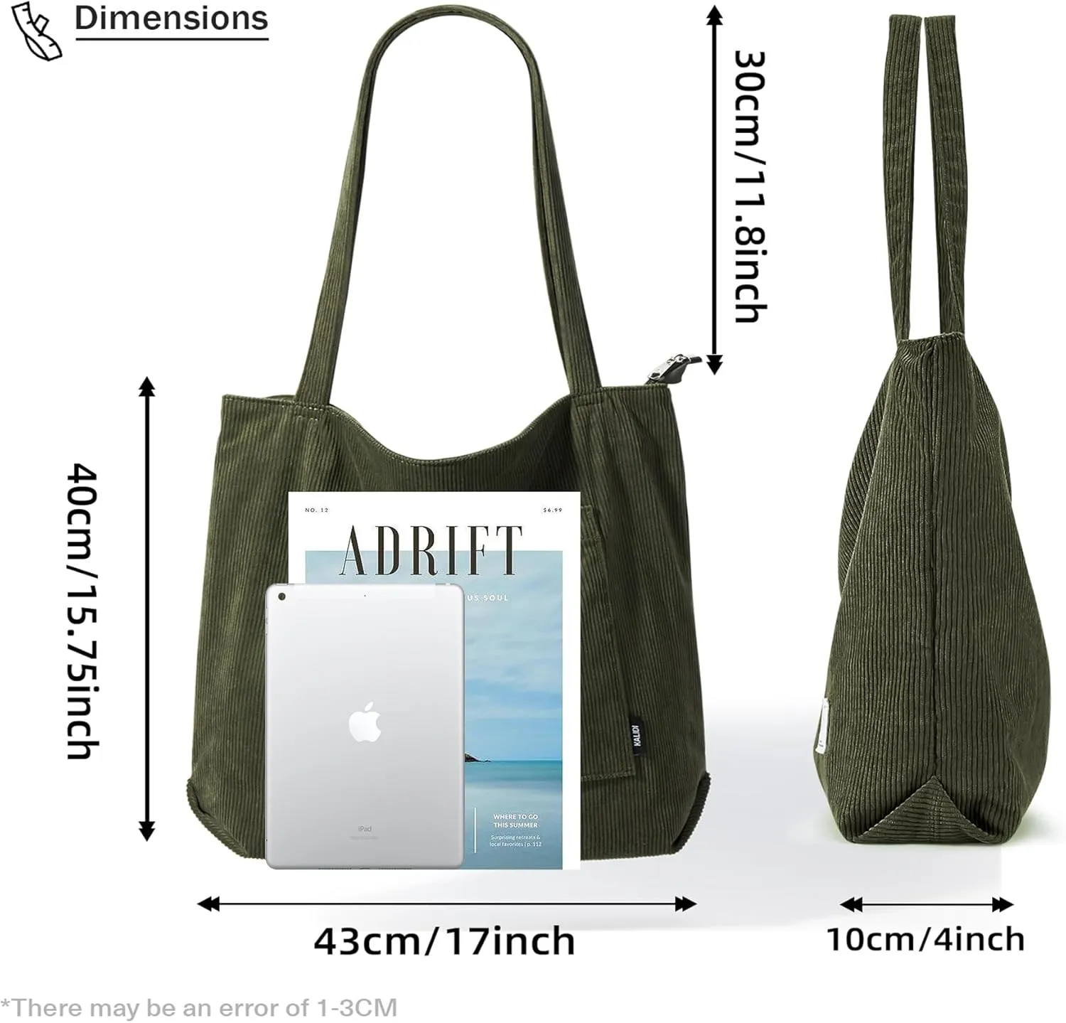 KALIDI Women Corduroy Tote Bag Large Shoulder Tote Bag with Zipper Pocket Casual Hobo Handbag Big Capacity Shopping Work Bag