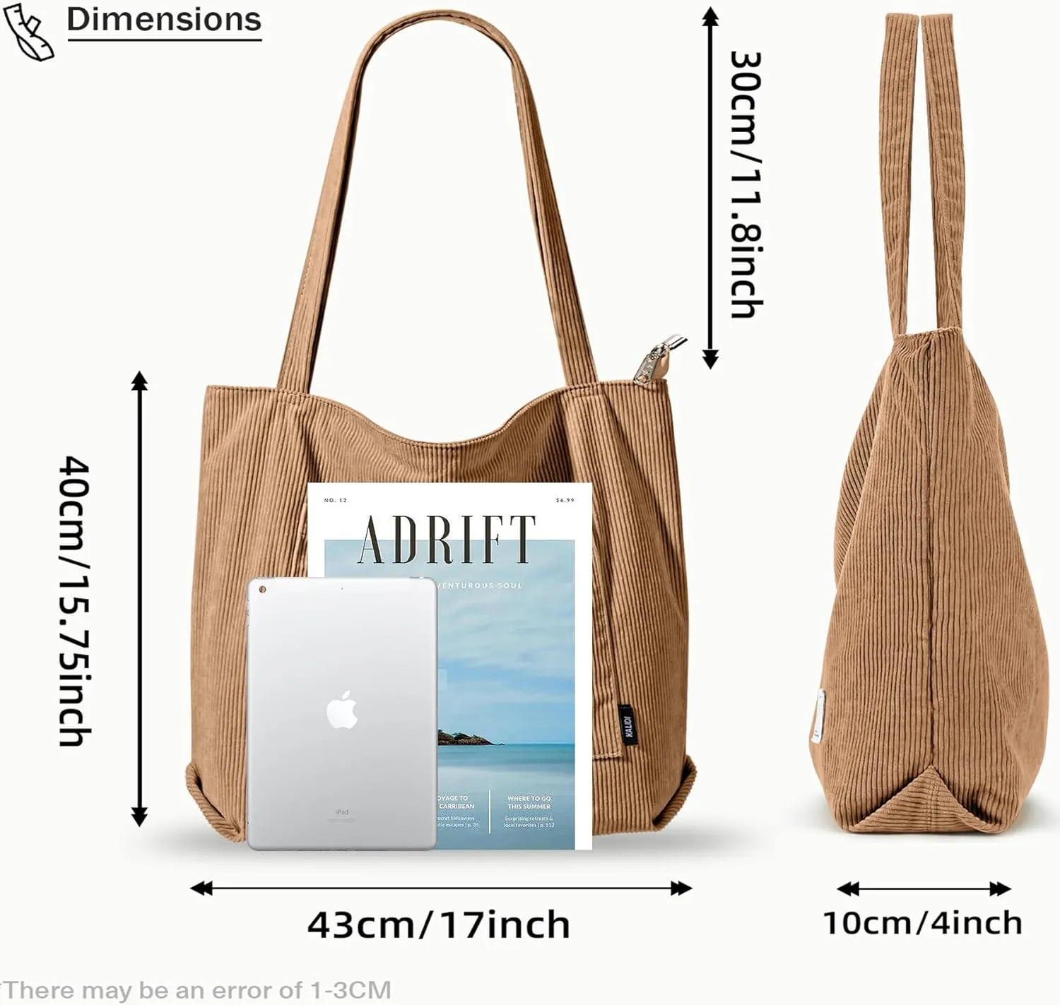 KALIDI Women Corduroy Tote Bag Large Shoulder Tote Bag with Zipper Pocket Casual Hobo Handbag Big Capacity Shopping Work Bag