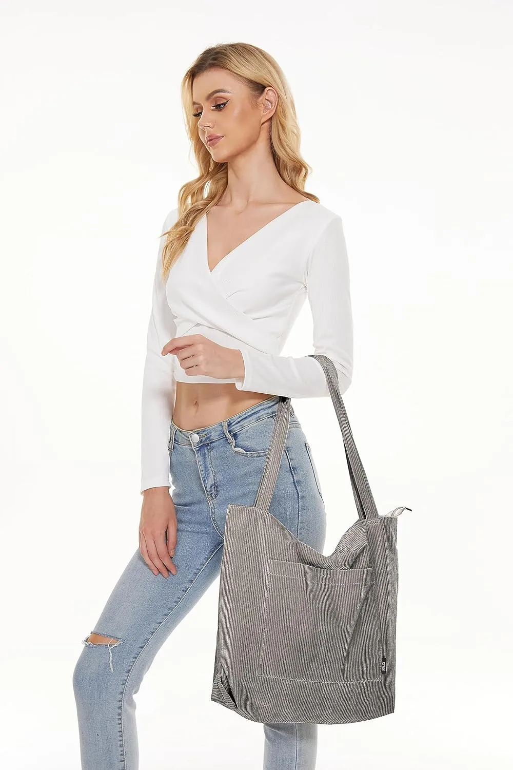 KALIDI Women Corduroy Tote Bag Large Shoulder Tote Bag with Zipper Pocket Casual Hobo Handbag Big Capacity Shopping Work Bag