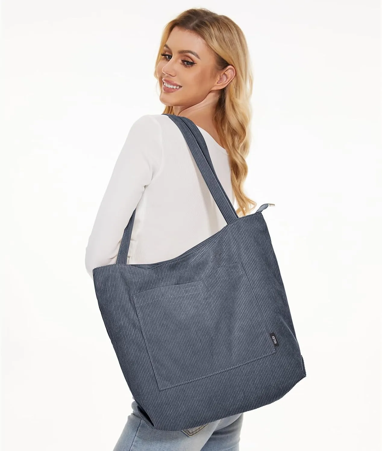 KALIDI Women Corduroy Tote Bag Large Shoulder Tote Bag with Zipper Pocket Casual Hobo Handbag Big Capacity Shopping Work Bag