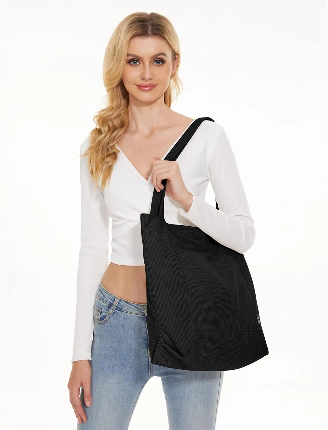 KALIDI Women Corduroy Tote Bag Large Shoulder Tote Bag with Zipper Pocket Casual Hobo Handbag Big Capacity Shopping Work Bag