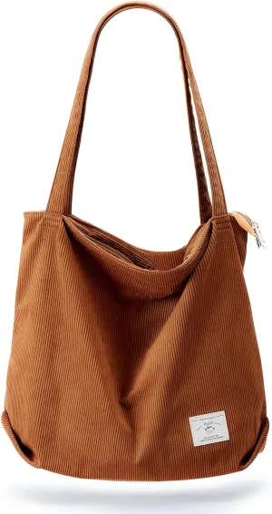 KALIDI Women Corduroy Tote Bag Zipper Casual Tote's Handbag Big Capacity Shoulder Bag with Pockets