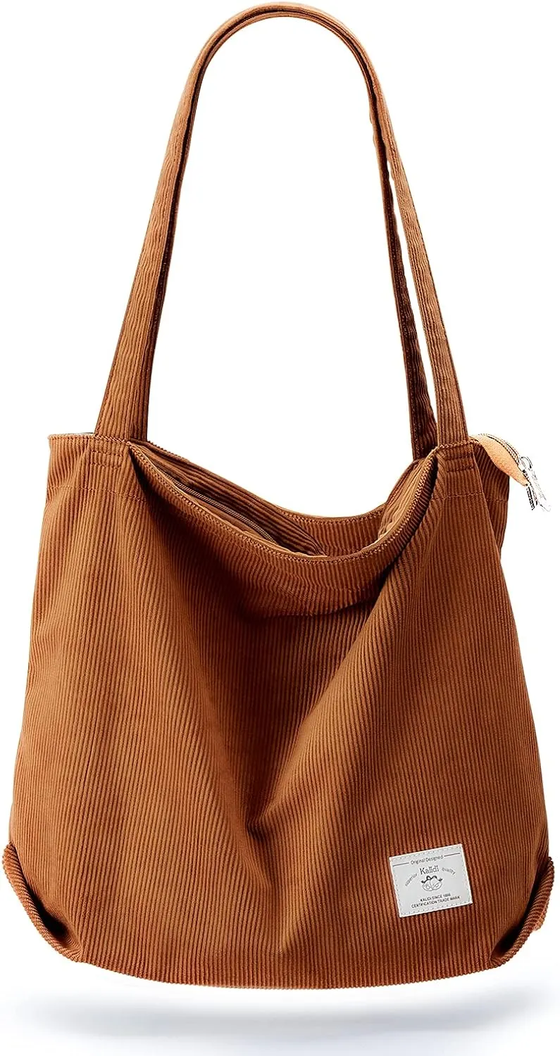 KALIDI Women Corduroy Tote Bag Zipper Casual Tote's Handbag Big Capacity Shoulder Bag with Pockets