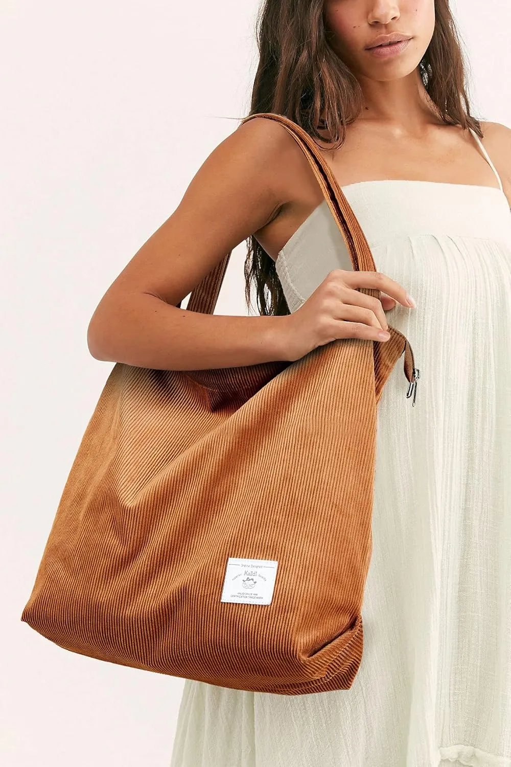 KALIDI Women Corduroy Tote Bag Zipper Casual Tote's Handbag Big Capacity Shoulder Bag with Pockets