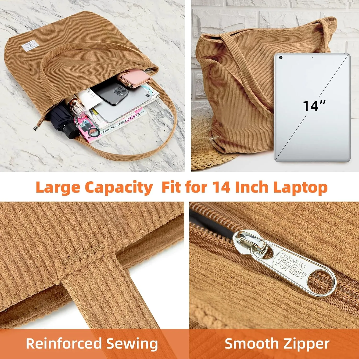 KALIDI Women Corduroy Tote Bag Zipper Casual Tote's Handbag Big Capacity Shoulder Bag with Pockets
