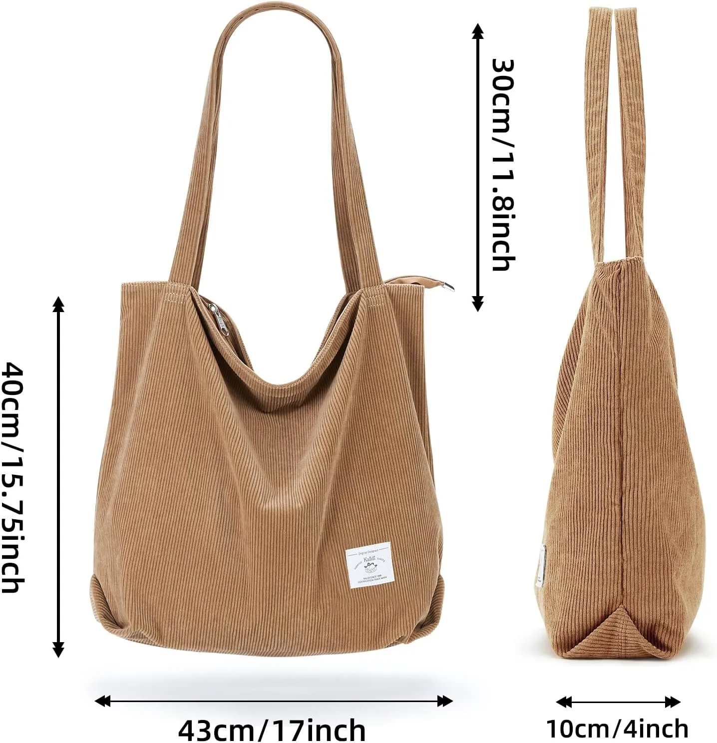 KALIDI Women Corduroy Tote Bag Zipper Casual Tote's Handbag Big Capacity Shoulder Bag with Pockets