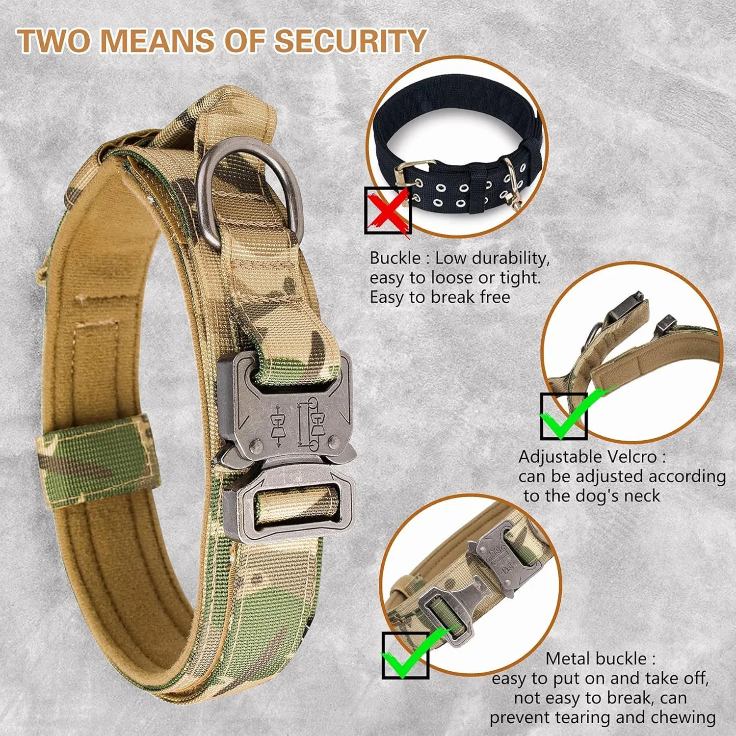 KCUCOP Tactical Dog Collar with Handle,Adjustable Military Dog Collar with Metal Buckle and Patches,Heavy Duty Dog Collars for Medium and Large Dogs (Camo-L)