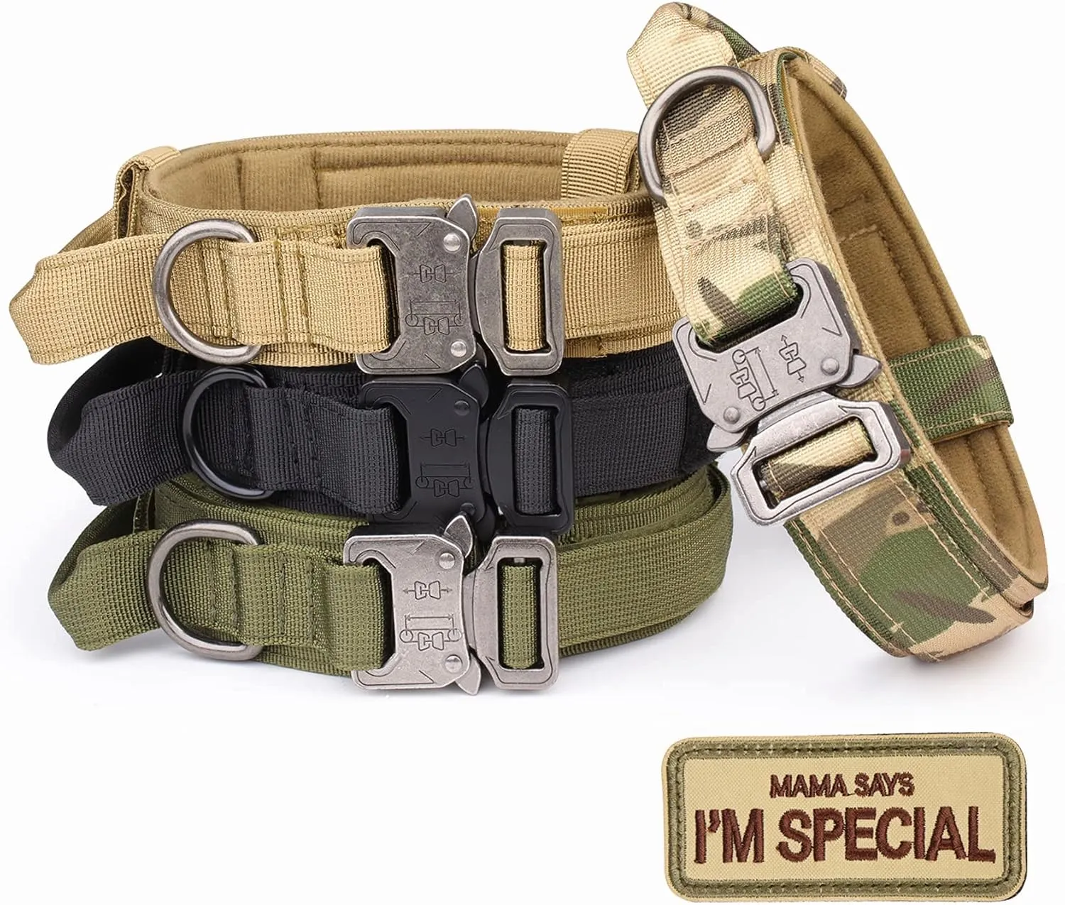 KCUCOP Tactical Dog Collar with Handle,Adjustable Military Dog Collar with Metal Buckle and Patches,Heavy Duty Dog Collars for Medium and Large Dogs (Camo-L)