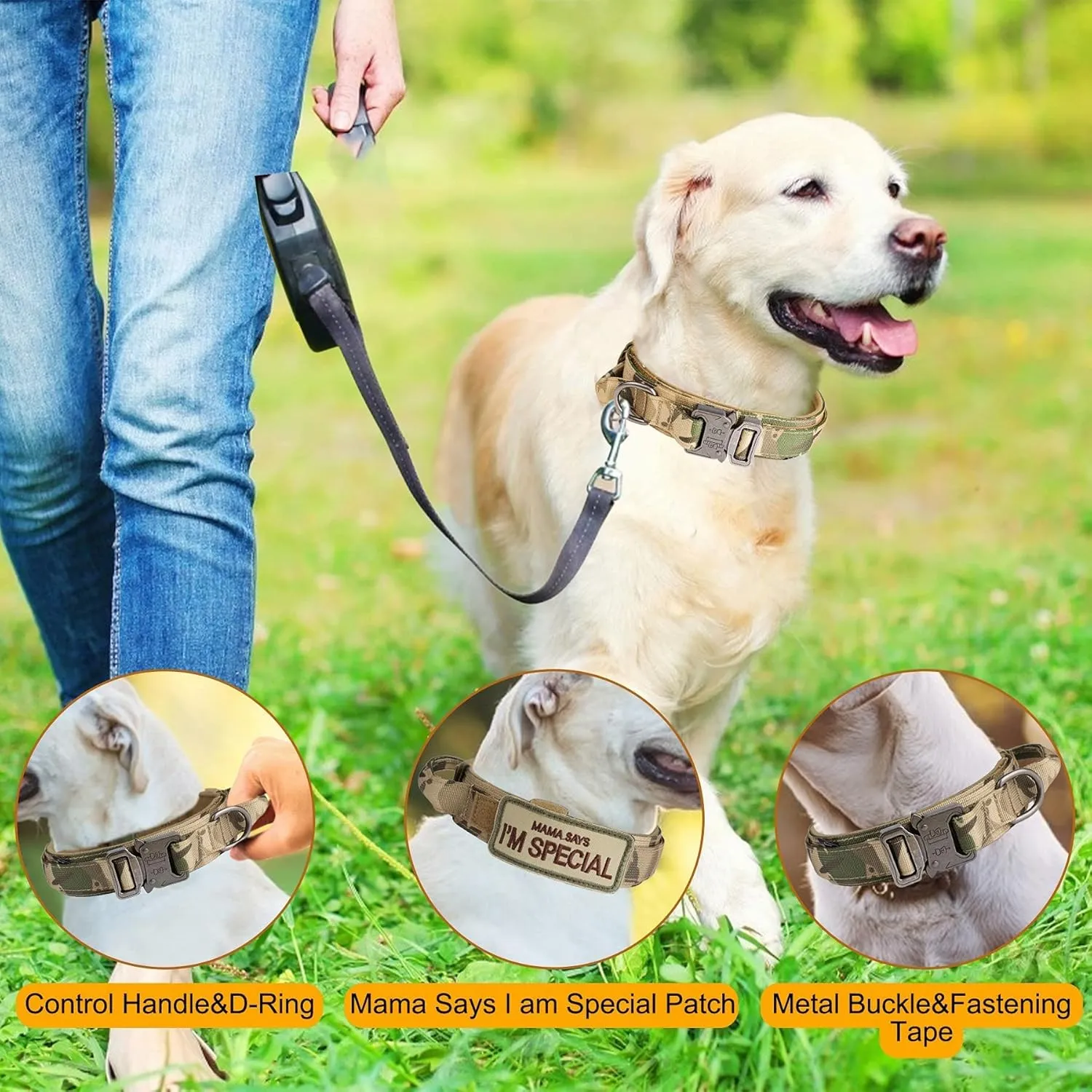 KCUCOP Tactical Dog Collar with Handle,Adjustable Military Dog Collar with Metal Buckle and Patches,Heavy Duty Dog Collars for Medium and Large Dogs (Camo-L)