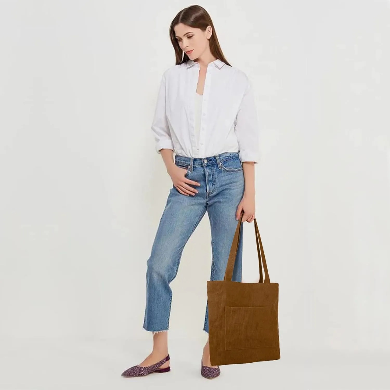 Kememo Corduroy Tote Bag with Zip, Shoulder Bag Women's Hobos Handbags Large Capacity Shopping Bag with Inner Pocket