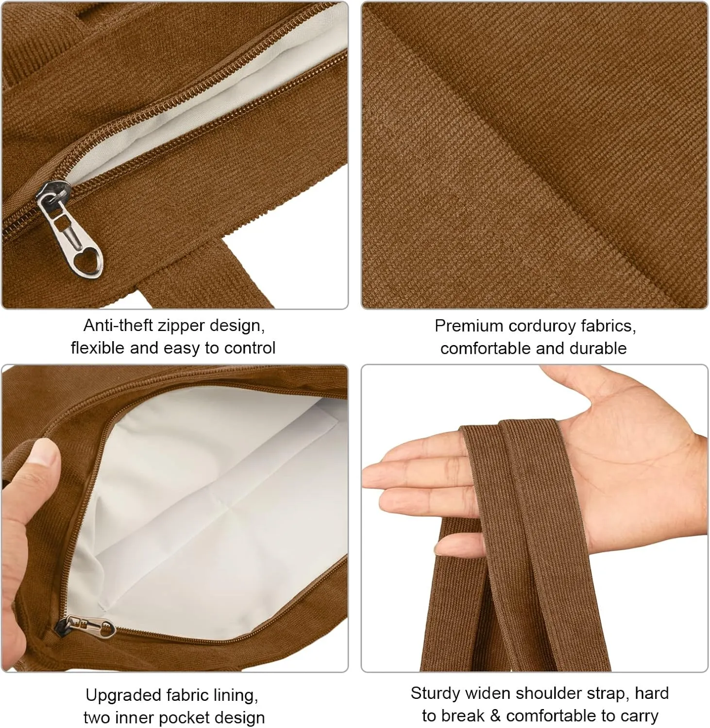 Kememo Corduroy Tote Bag with Zip, Shoulder Bag Women's Hobos Handbags Large Capacity Shopping Bag with Inner Pocket