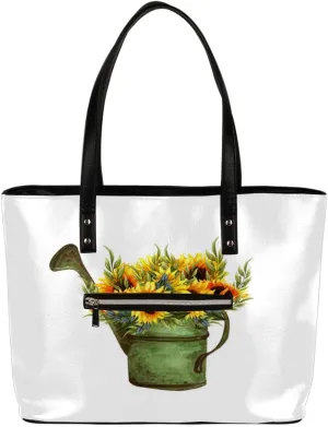 Kettle Sunflower Tote Bag Women Shoulder Handbags PU Leather Everyday Bag with External Pocket Large Capacity Aesthetic Corduroy Tote Bag for Travel Work Party