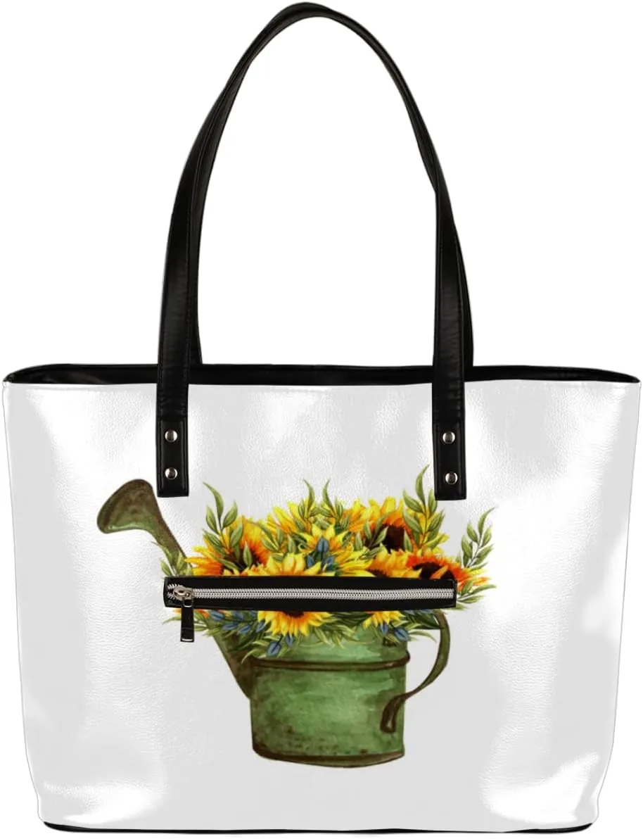 Kettle Sunflower Tote Bag Women Shoulder Handbags PU Leather Everyday Bag with External Pocket Large Capacity Aesthetic Corduroy Tote Bag for Travel Work Party