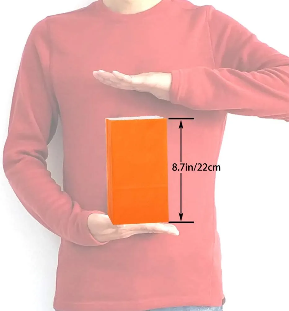 KEYYOOMY Small Bright Color Paper Bags Orange Party Favor Bags Party Goodie Bag Paper Lunch Bag (Orange, 50 CT, 4.7 X 2.4 X 8.7 In)
