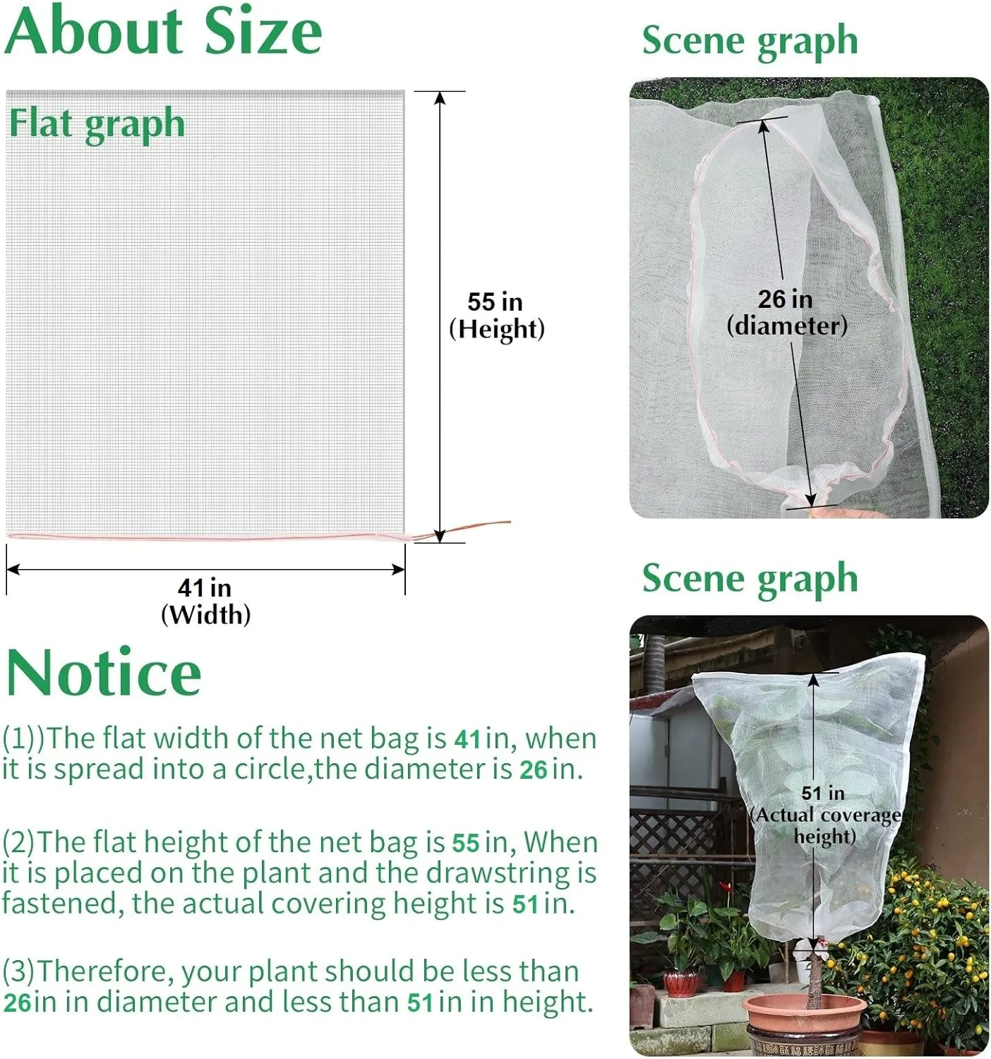 Kikhope 3 Pcs 55"x41" Garden Plant Fruits Protection Netting Covers Bags with Drawstring, Garden Netting Mesh Protective Cover Netting, Plant Netting Barrier Bags for Vegetables Fruits Plant