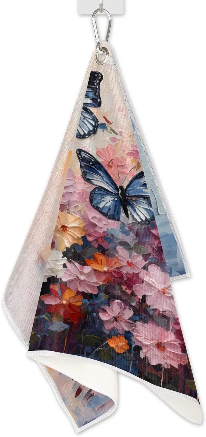 KOBLEN Microfiber Golf Towel with Heavy Duty Carabiner Clip, Butterflies and Blossoms 24x15 Inch Quick Dry Absorbent Towel for Golf Clubs Balls, Golf Bag Accessories for Men Women,1 Pack