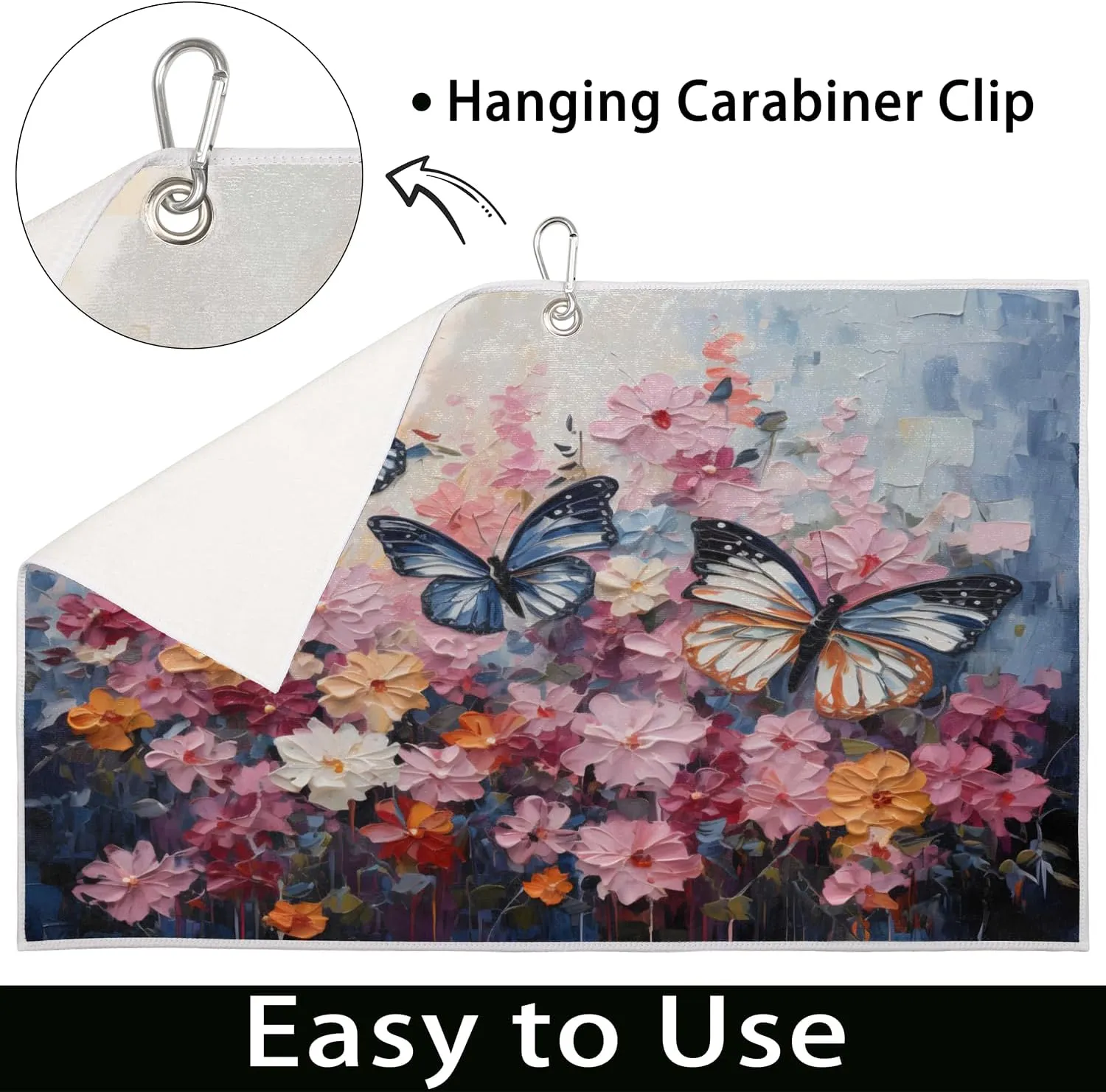 KOBLEN Microfiber Golf Towel with Heavy Duty Carabiner Clip, Butterflies and Blossoms 24x15 Inch Quick Dry Absorbent Towel for Golf Clubs Balls, Golf Bag Accessories for Men Women,1 Pack